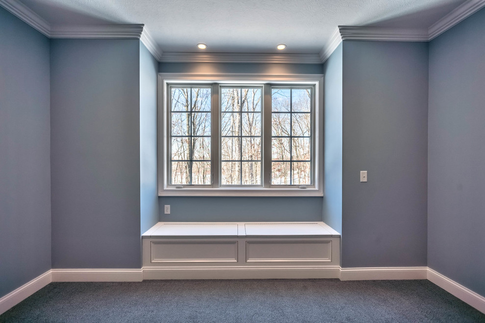 Mittelgroßes Klassisches Hauptschlafzimmer mit blauer Wandfarbe, Teppichboden und blauem Boden in Sonstige
