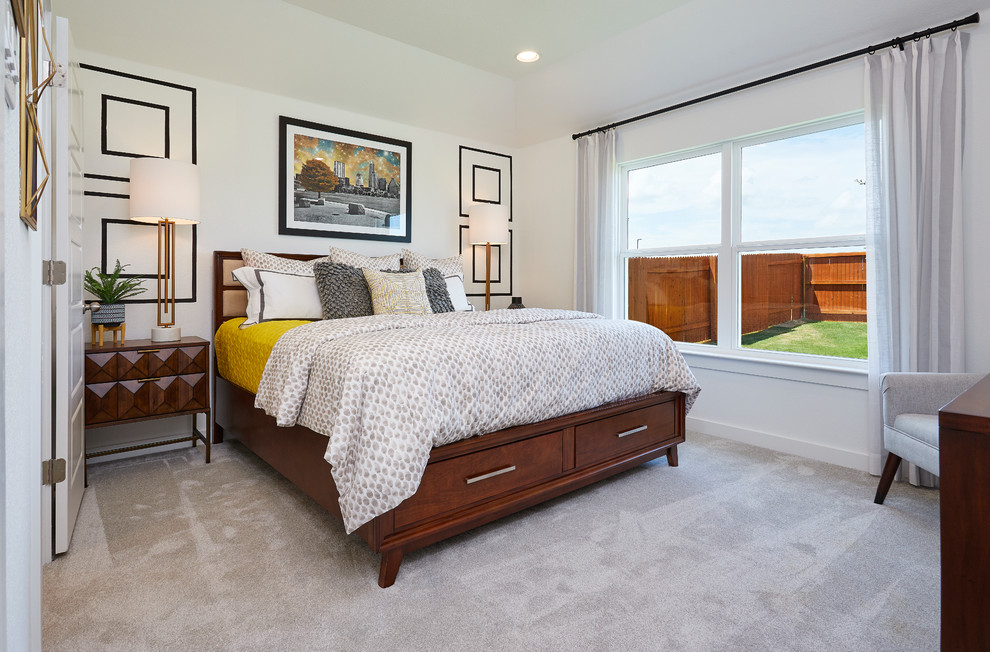 Foto de dormitorio principal contemporáneo de tamaño medio con paredes blancas, moqueta y suelo gris