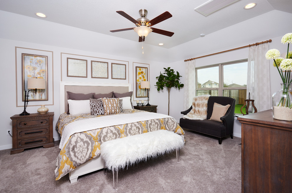Bedroom - mid-sized transitional master carpeted and beige floor bedroom idea in Austin with white walls