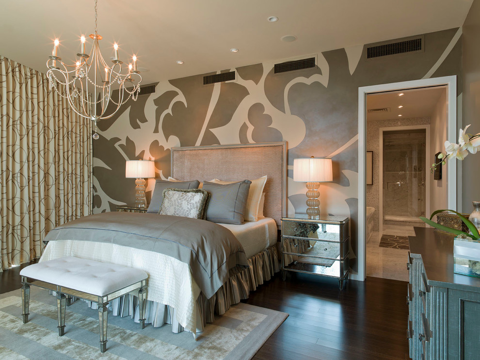 Trendy dark wood floor bedroom photo in Austin with multicolored walls