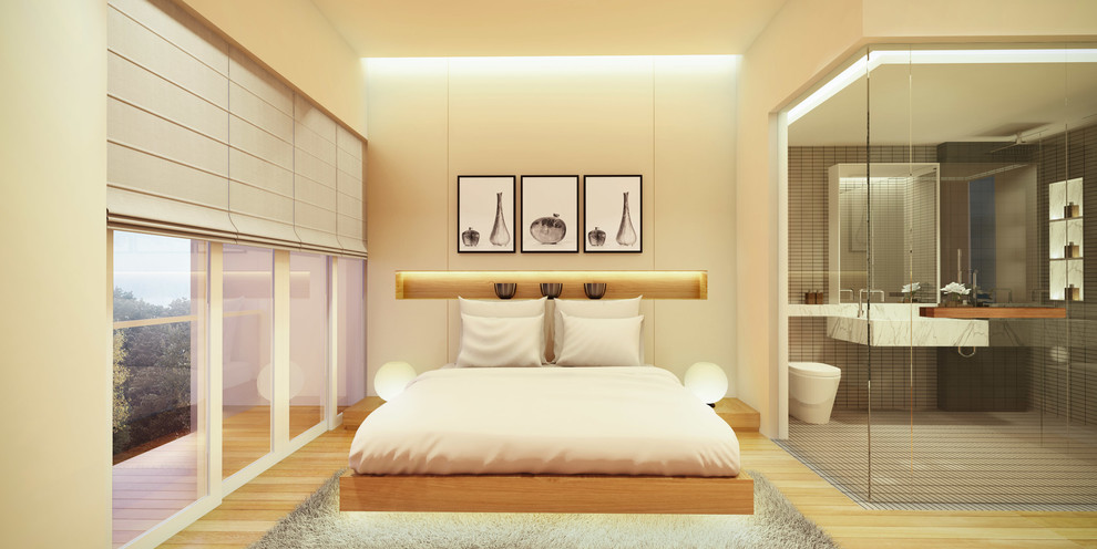 Идея дизайна: хозяйская спальня среднего размера в стиле модернизм с белыми стенами, светлым паркетным полом и фасадом камина из дерева без камина