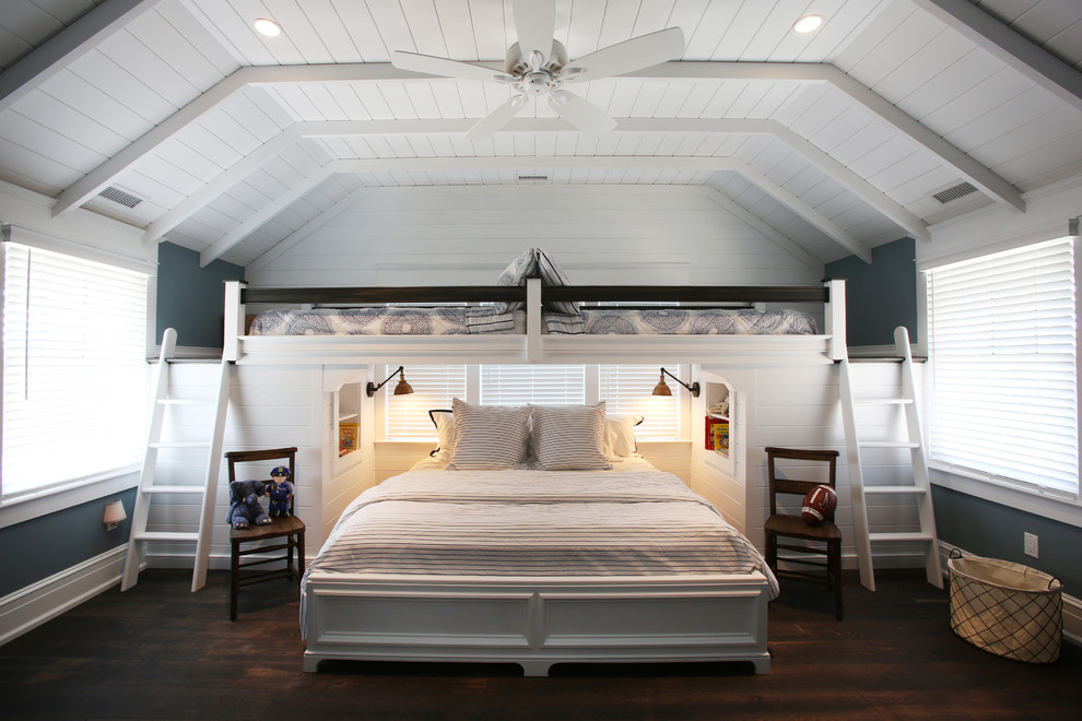 Photo of a nautical guest loft bedroom in Philadelphia with grey walls and dark hardwood flooring.