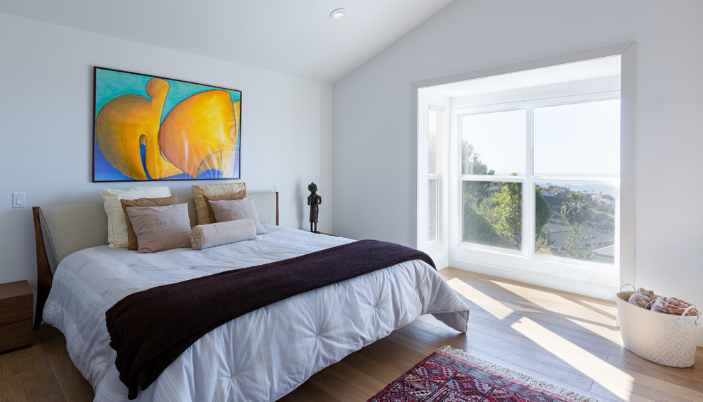 Mittelgroßes Modernes Hauptschlafzimmer ohne Kamin mit weißer Wandfarbe und hellem Holzboden in Orange County