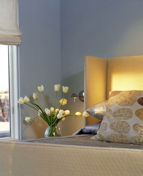Diseño de dormitorio principal clásico con paredes azules, suelo de madera en tonos medios y chimenea de doble cara