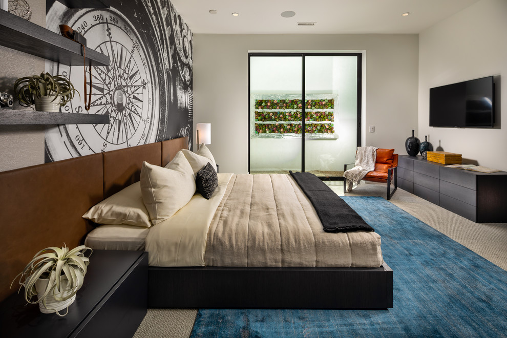 Modelo de dormitorio contemporáneo con paredes grises, moqueta y suelo gris