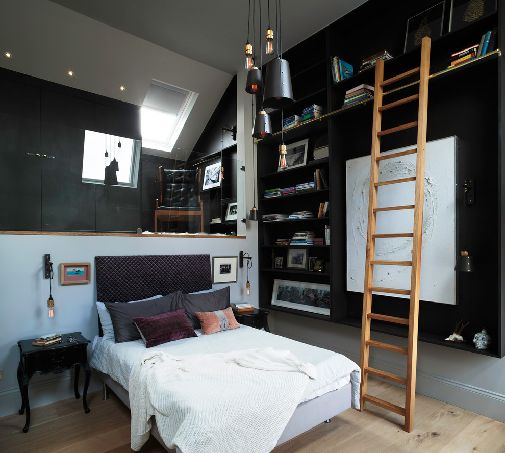 ロンドンにあるコンテンポラリースタイルのおしゃれな寝室のレイアウト