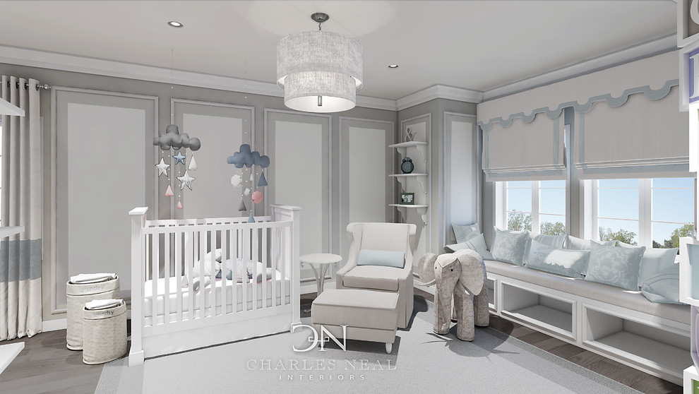 Mid-sized transitional dark wood floor nursery photo in Miami with gray walls