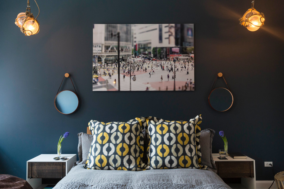 Bedroom - contemporary bedroom idea in Los Angeles with blue walls