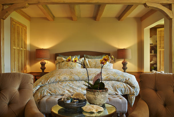 Diseño de dormitorio principal tradicional de tamaño medio con paredes amarillas