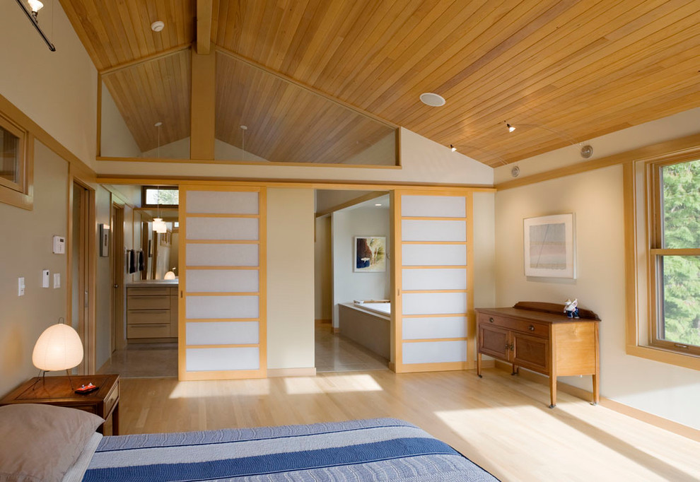 Idée de décoration pour une grande chambre parentale asiatique avec un mur beige, parquet clair, aucune cheminée et un sol beige.