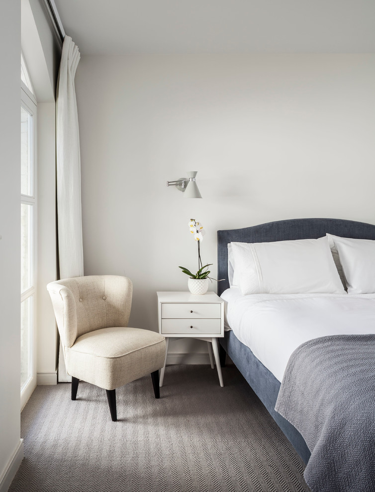 На фото: гостевая спальня (комната для гостей) в стиле неоклассика (современная классика) с серыми стенами и ковровым покрытием