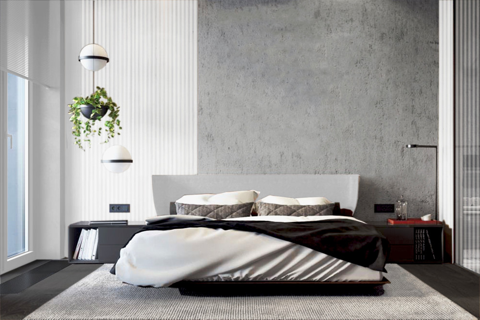 Источник вдохновения для домашнего уюта: гостевая спальня среднего размера, (комната для гостей) в современном стиле с серыми стенами, темным паркетным полом и коричневым полом
