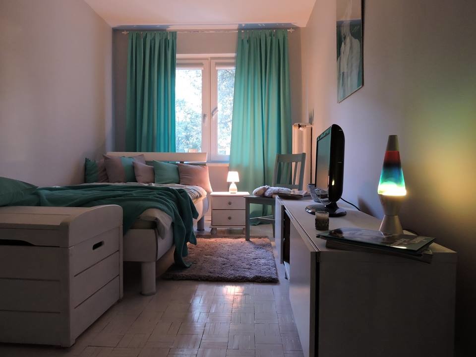 На фото: спальня среднего размера в стиле модернизм с серыми стенами и деревянным полом без камина