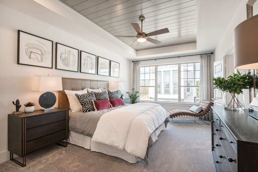 This is an example of a classic guest and grey and brown bedroom in Houston with white walls, carpet and grey floors.