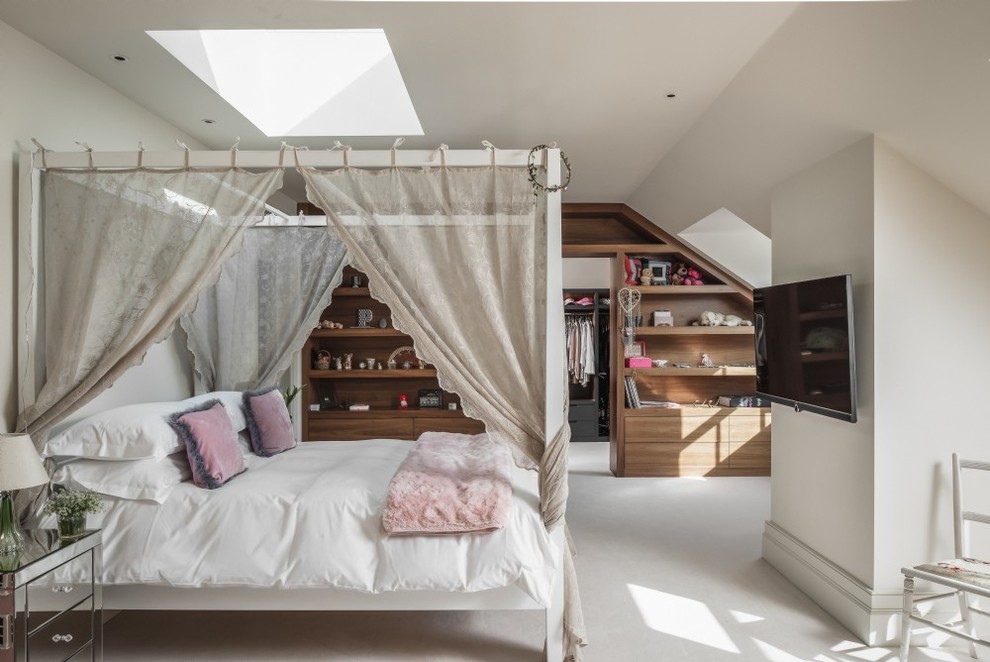 Large classic grey and pink bedroom in Surrey with carpet and white floors.
