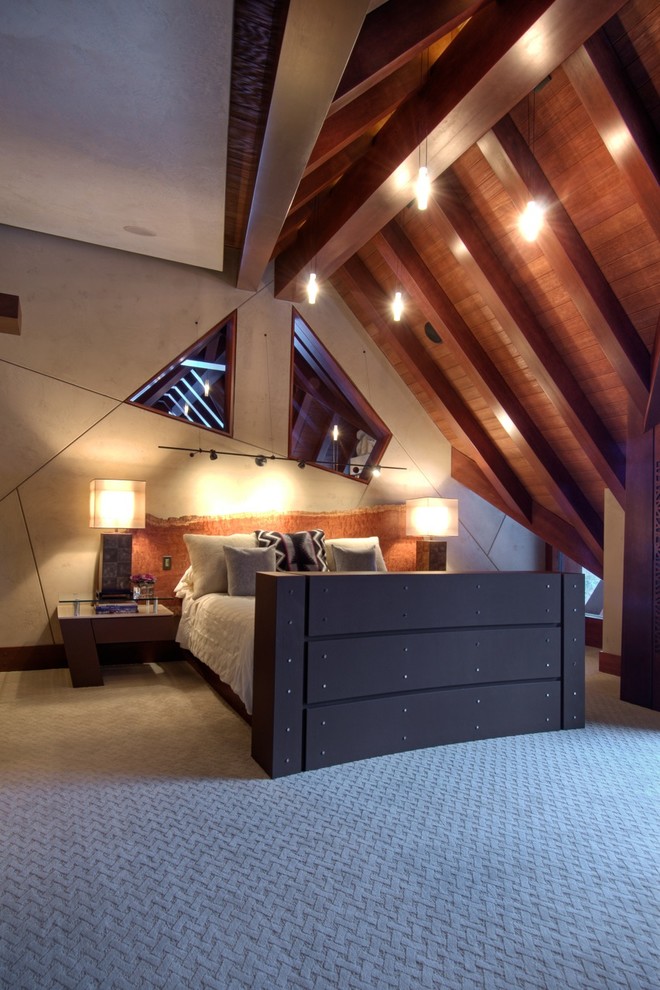 Imagen de dormitorio actual sin chimenea con moqueta