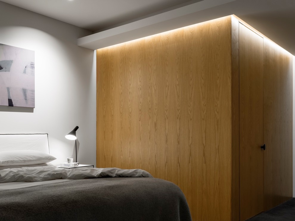 シドニーにあるコンテンポラリースタイルのおしゃれな寝室 (白い壁、カーペット敷き、グレーの床)