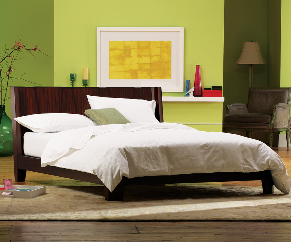 Ejemplo de dormitorio principal contemporáneo con paredes verdes y suelo de madera en tonos medios