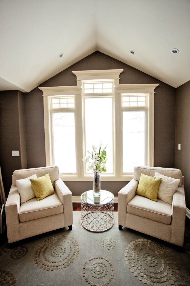 Mid-sized elegant master dark wood floor bedroom photo in Toronto with brown walls