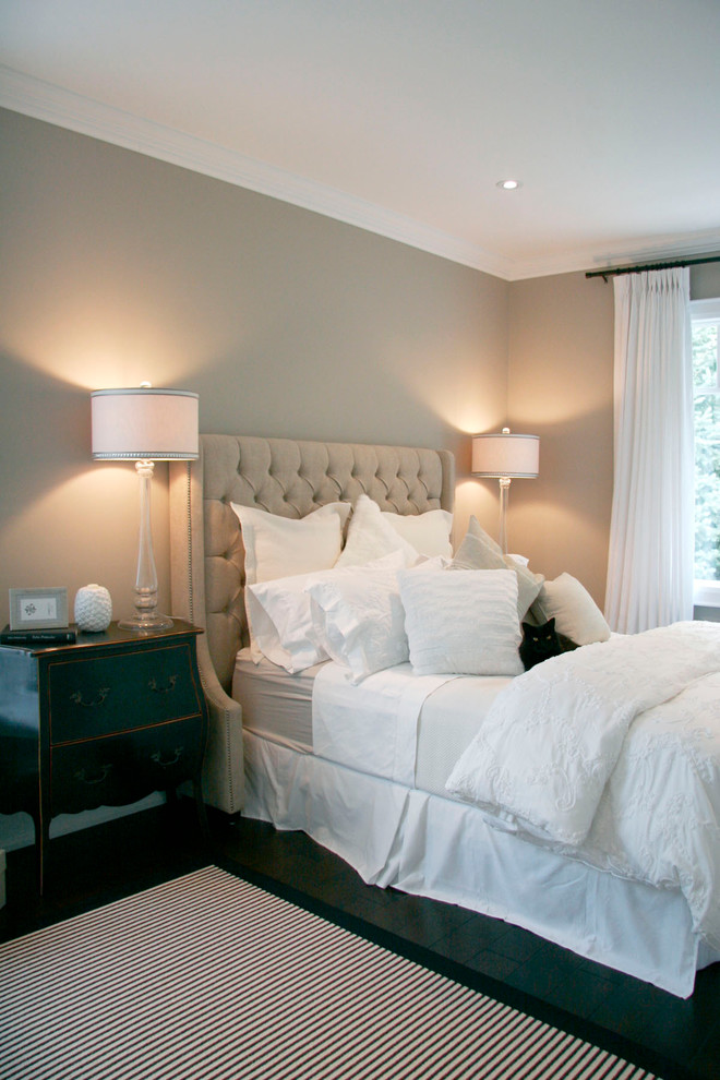 Example of a classic dark wood floor bedroom design in Toronto with gray walls and no fireplace