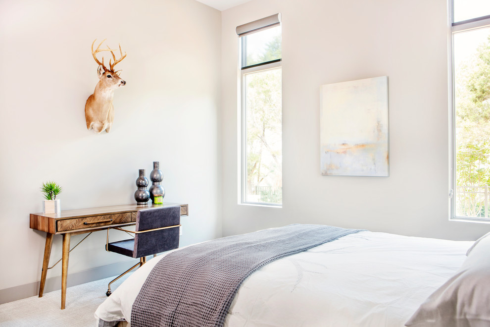 This is an example of a medium sized traditional guest bedroom in Austin with white walls, carpet, no fireplace and white floors.