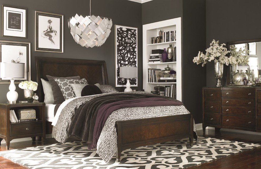 Bedroom - large contemporary master dark wood floor bedroom idea in Jacksonville with black walls and no fireplace
