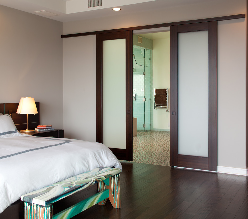 Großes Modernes Hauptschlafzimmer mit dunklem Holzboden und grauer Wandfarbe in San Diego