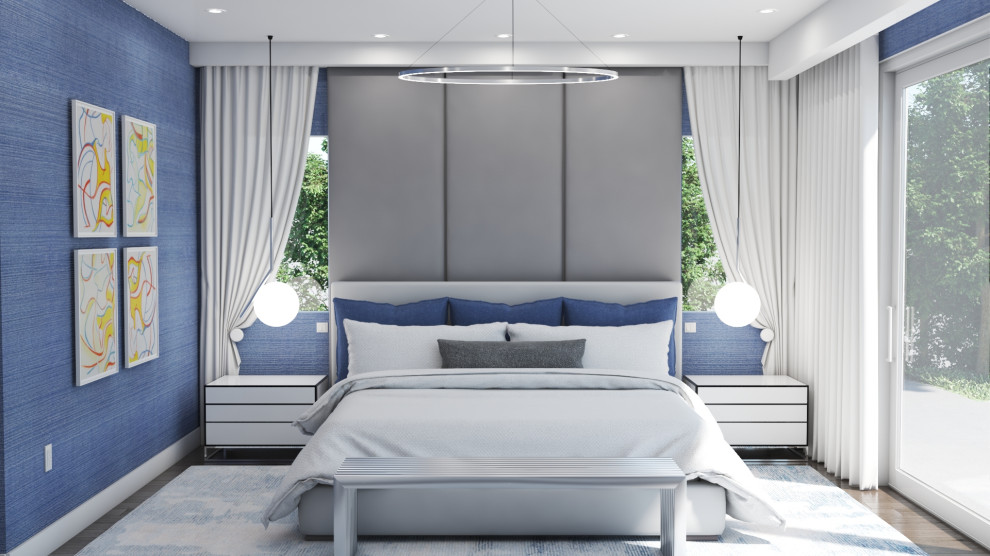 Imagen de dormitorio principal contemporáneo de tamaño medio con paredes azules, suelo de madera oscura y suelo marrón