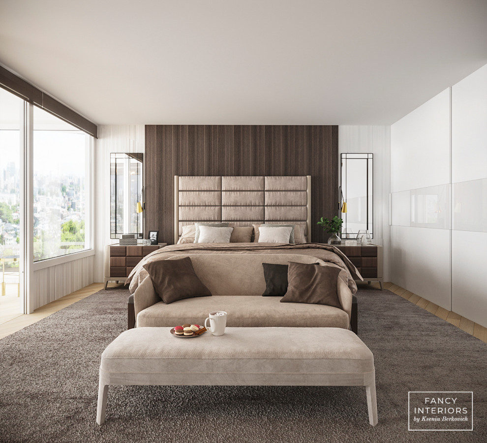 Свежая идея для дизайна: хозяйская спальня среднего размера в стиле модернизм с белыми стенами, светлым паркетным полом, бежевым полом и деревянными стенами без камина - отличное фото интерьера