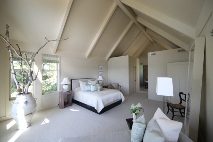 Example of a large transitional master carpeted bedroom design in Other