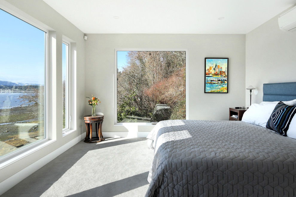 Immagine di una camera da letto minimal con pareti grigie, moquette e pavimento grigio