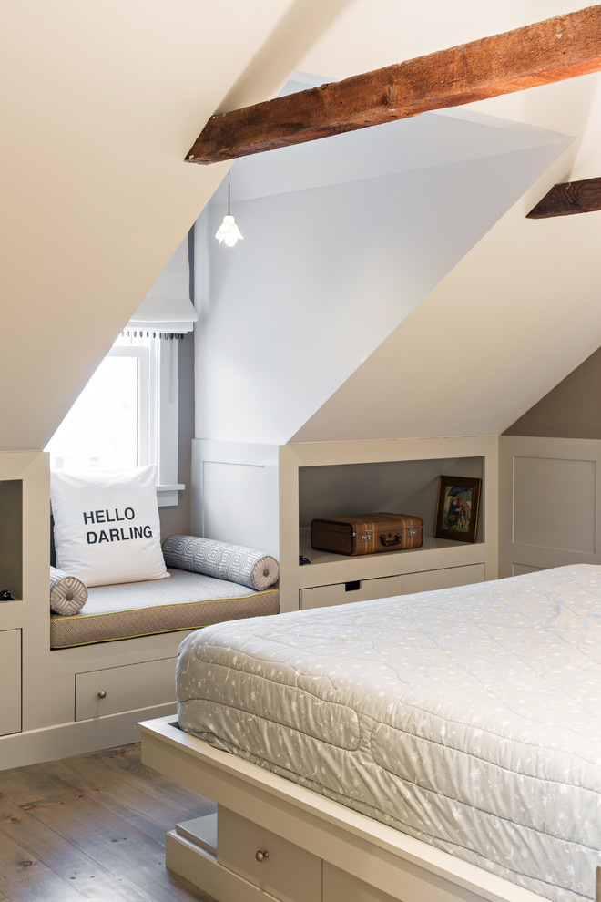 Medium sized contemporary master bedroom in Boston with multi-coloured walls and dark hardwood flooring.