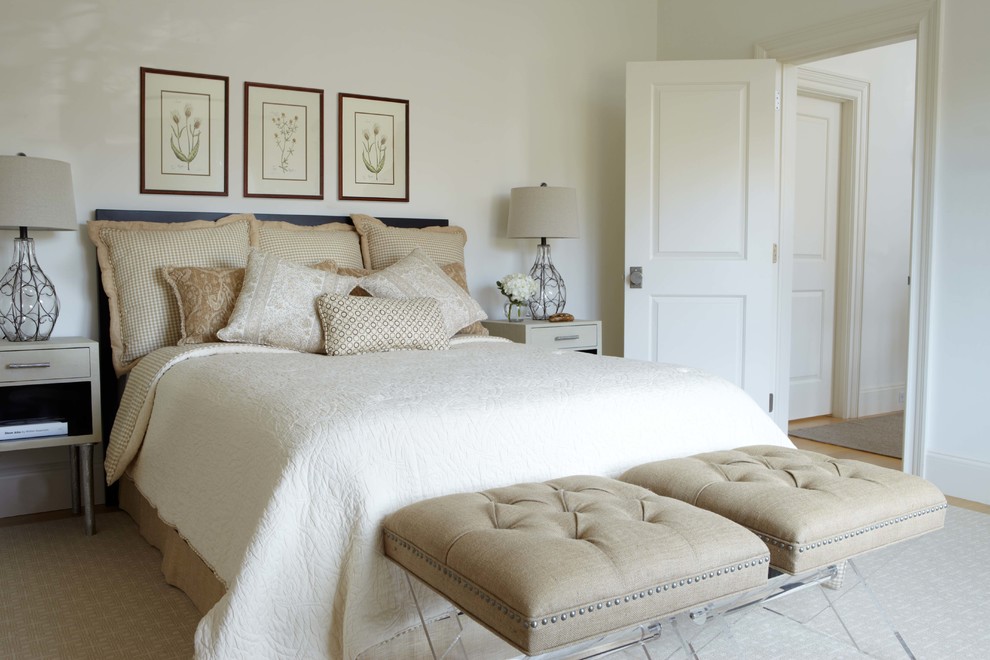 Inspiration for a medium sized nautical guest bedroom in New York with white walls and light hardwood flooring.
