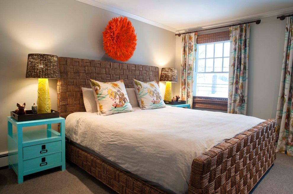 Bedroom - large coastal master carpeted bedroom idea in Other with gray walls