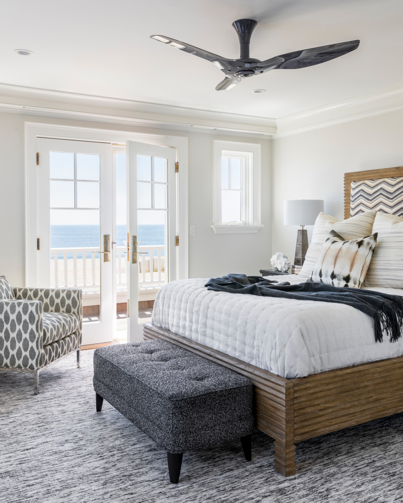 Coastal bedroom in New York with grey walls.