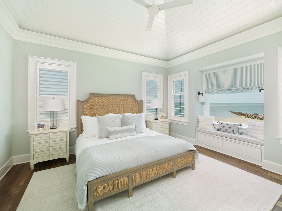 Idéer för ett maritimt sovrum, med blå väggar, mörkt trägolv och brunt golv