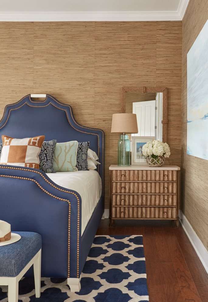 Design ideas for a medium sized coastal master bedroom in Atlanta with beige walls, dark hardwood flooring and brown floors.