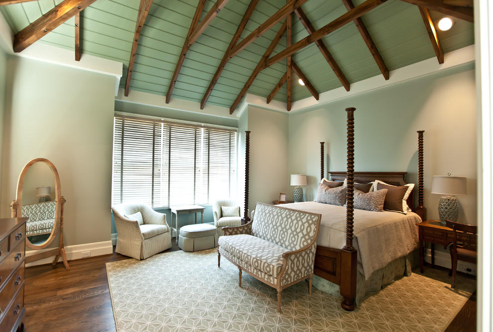 Inspiration for a coastal dark wood floor bedroom remodel in Raleigh with gray walls