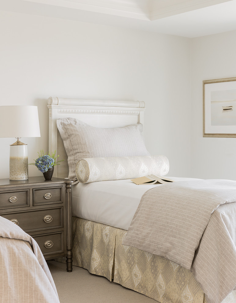 Design ideas for a beach style guest bedroom in Boston with white walls.