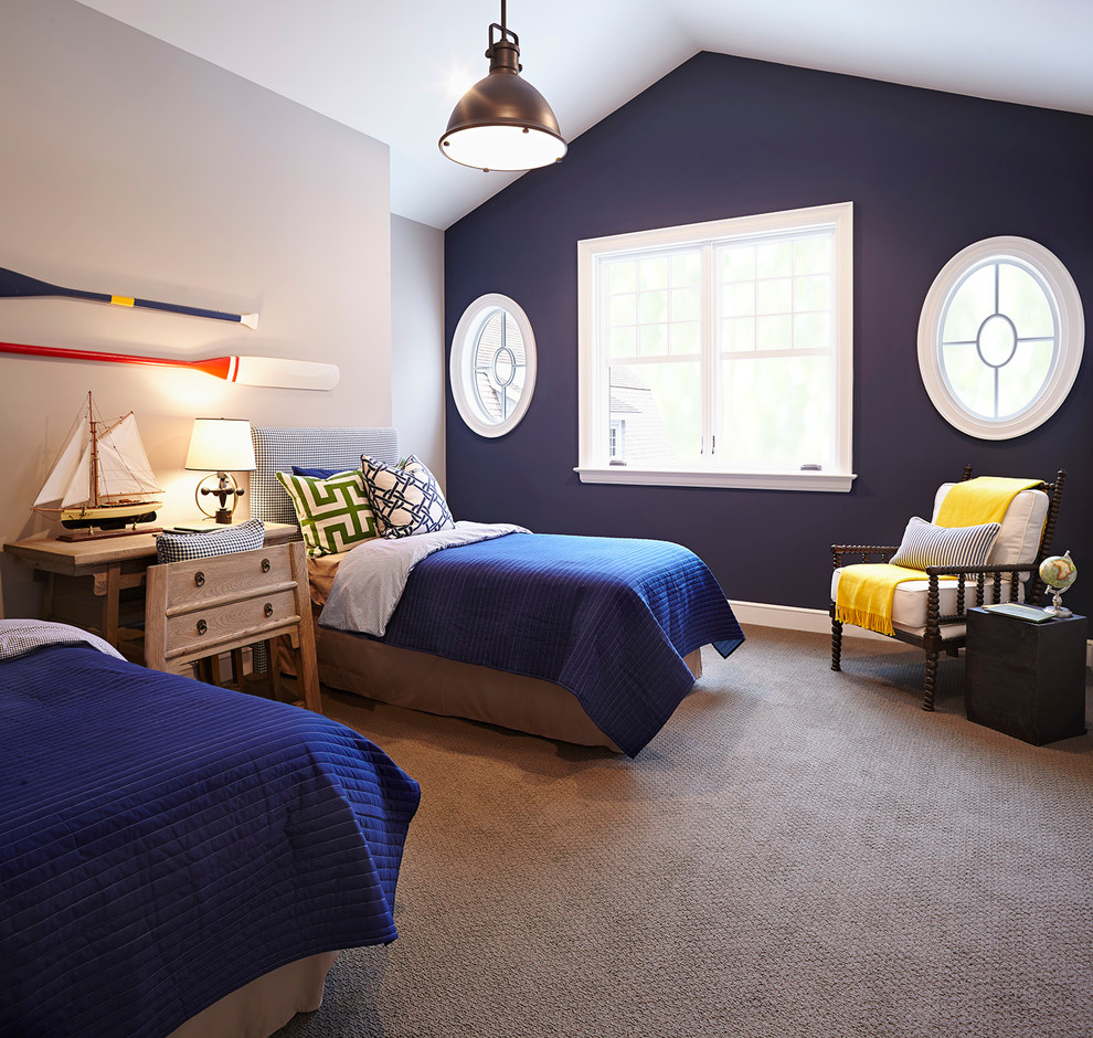 Large beach style guest carpeted bedroom photo in Minneapolis with blue walls and no fireplace