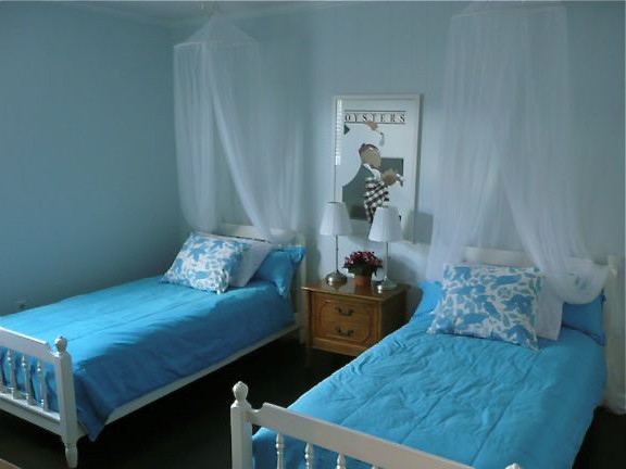 Imagen de habitación de invitados marinera de tamaño medio sin chimenea con paredes azules y suelo de madera oscura