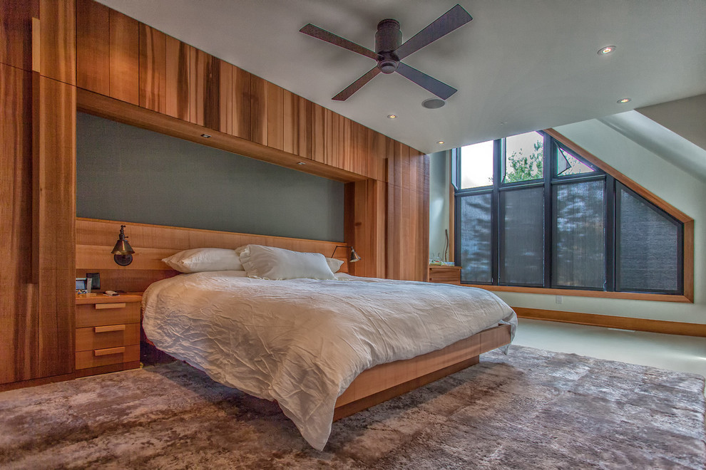 Inspiration for a medium sized rustic master bedroom in Toronto with white walls and carpet.