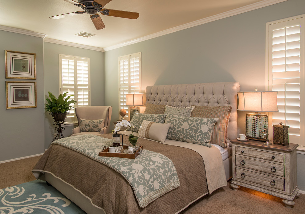 Design ideas for a medium sized beach style master bedroom in Phoenix with carpet and grey walls.