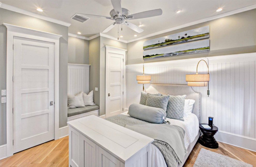 Inspiration for a small beach style guest bedroom in Philadelphia with grey walls, light hardwood flooring and no fireplace.