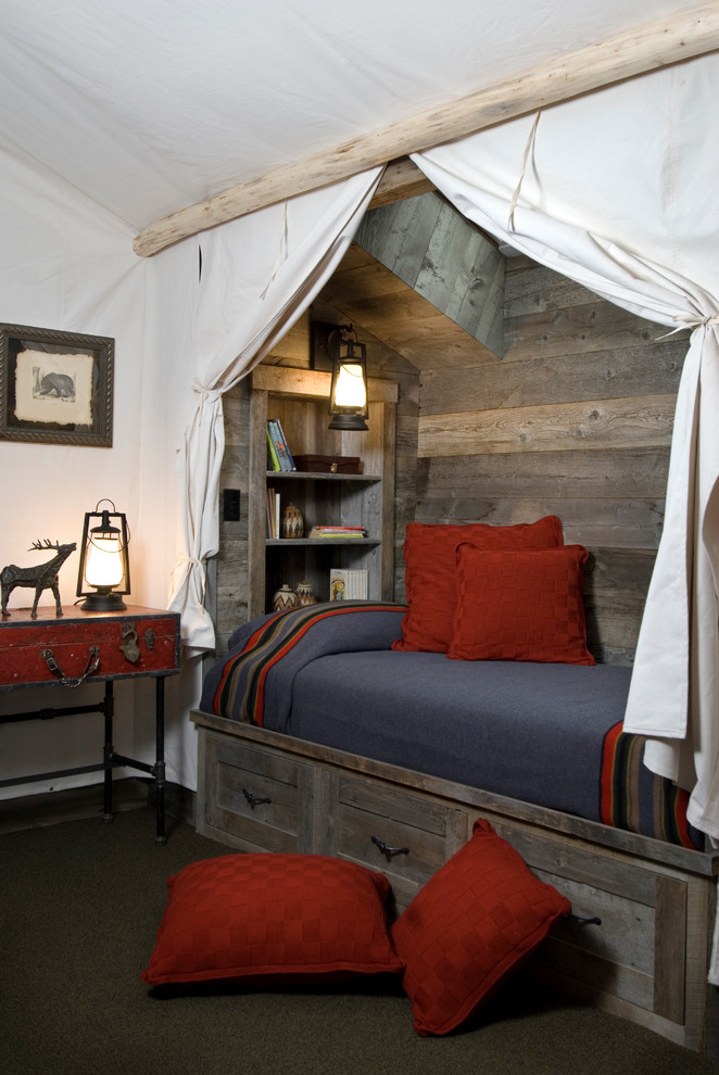 Inspiration for a rustic guest carpeted bedroom remodel in Other