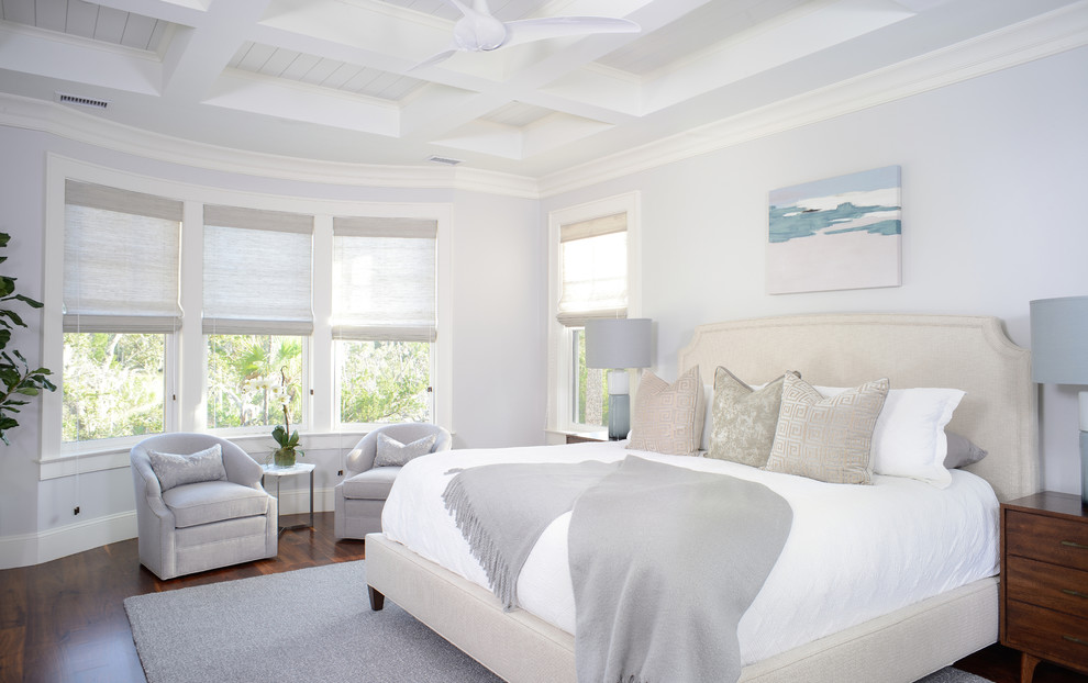 チャールストンにあるトランジショナルスタイルのおしゃれな寝室 (青い壁、無垢フローリング、茶色い床、グレーとブラウン)