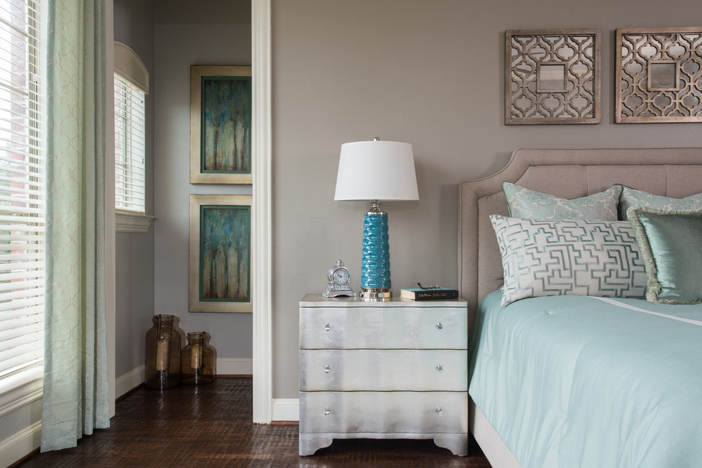 Inspiration for a large classic master bedroom in Dallas with grey walls, dark hardwood flooring and brown floors.