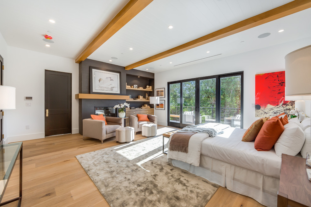 Large transitional master light wood floor and brown floor bedroom photo in Los Angeles with white walls, a standard fireplace and a metal fireplace