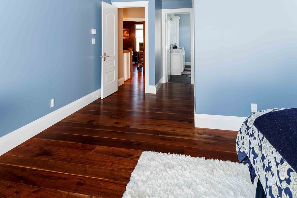 Diseño de habitación de invitados contemporánea con paredes azules y suelo de madera en tonos medios