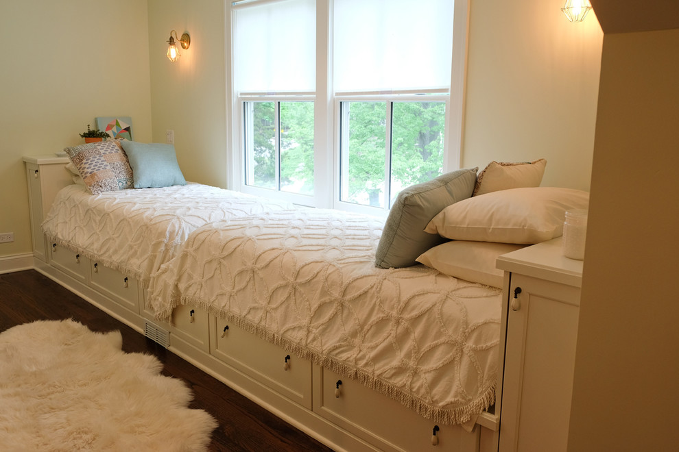 Inspiration for a medium sized classic guest bedroom in Chicago with white walls and dark hardwood flooring.